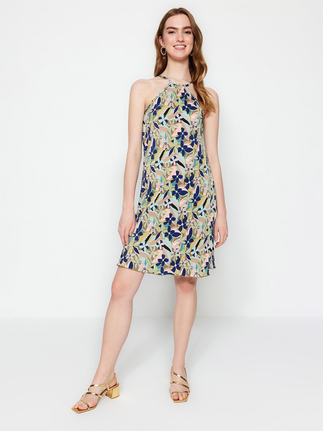 

Trendyol Floral Printed Halter Neck A-Line Dress, Blue