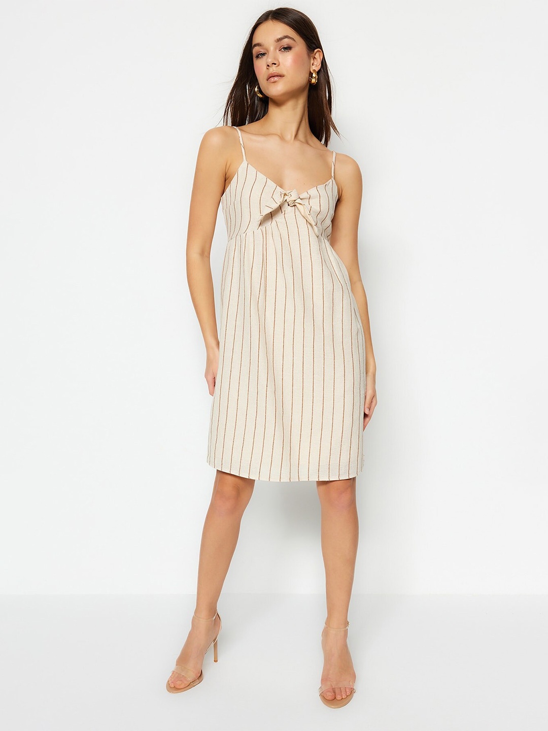 

Trendyol Striped Shoulder Straps A-Line Dress, Beige