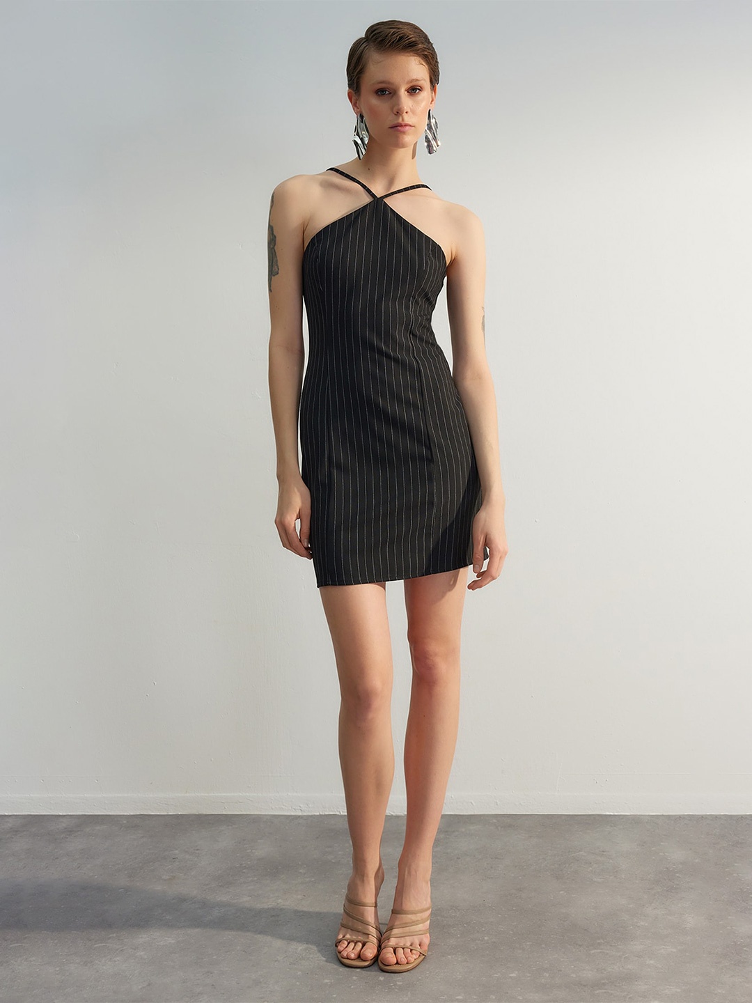 

Trendyol Striped Halter Neck Sheath Dress, Black