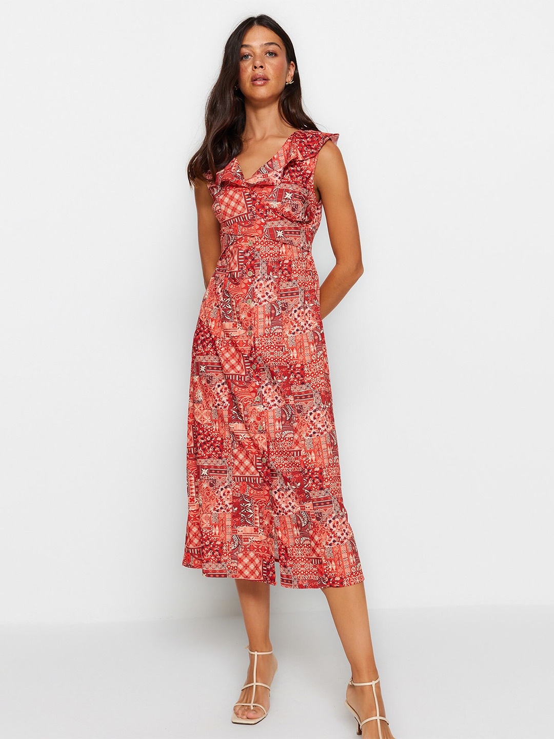 

Trendyol Floral Print A-Line Midi Dress, Red