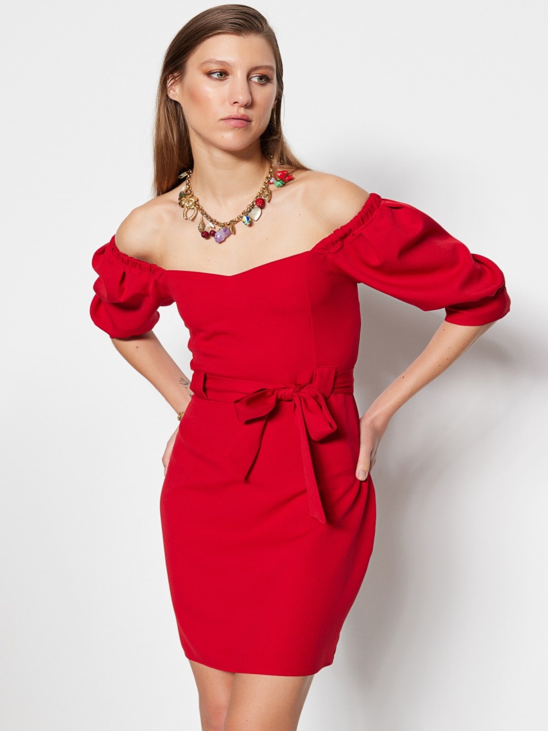 

Trendyol Off-Shoulder Puff Sleeves Mini Dress, Red