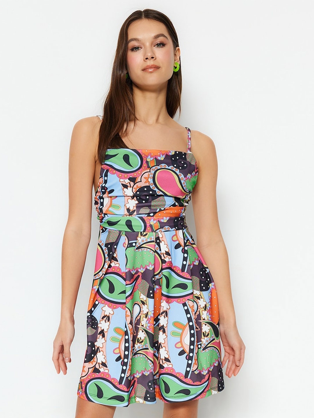 

Trendyol Graphic Printed Shoulder Strap Fit & Flare Dress, Green