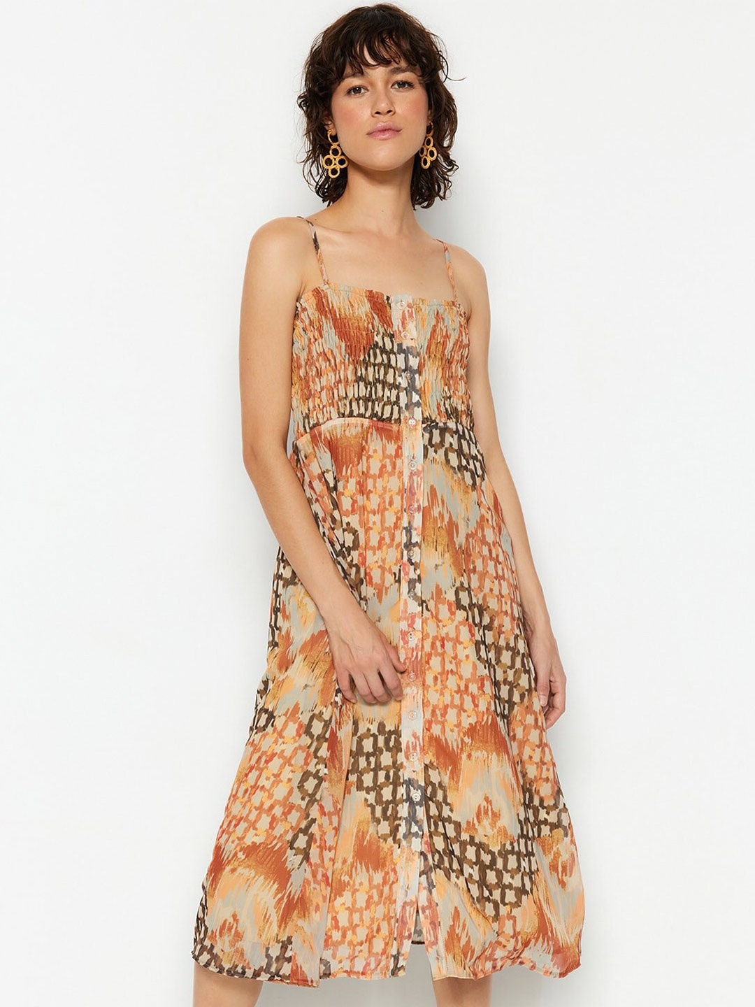 

Trendyol Printed Smocking Fit & Flare Midi Dress, Rust