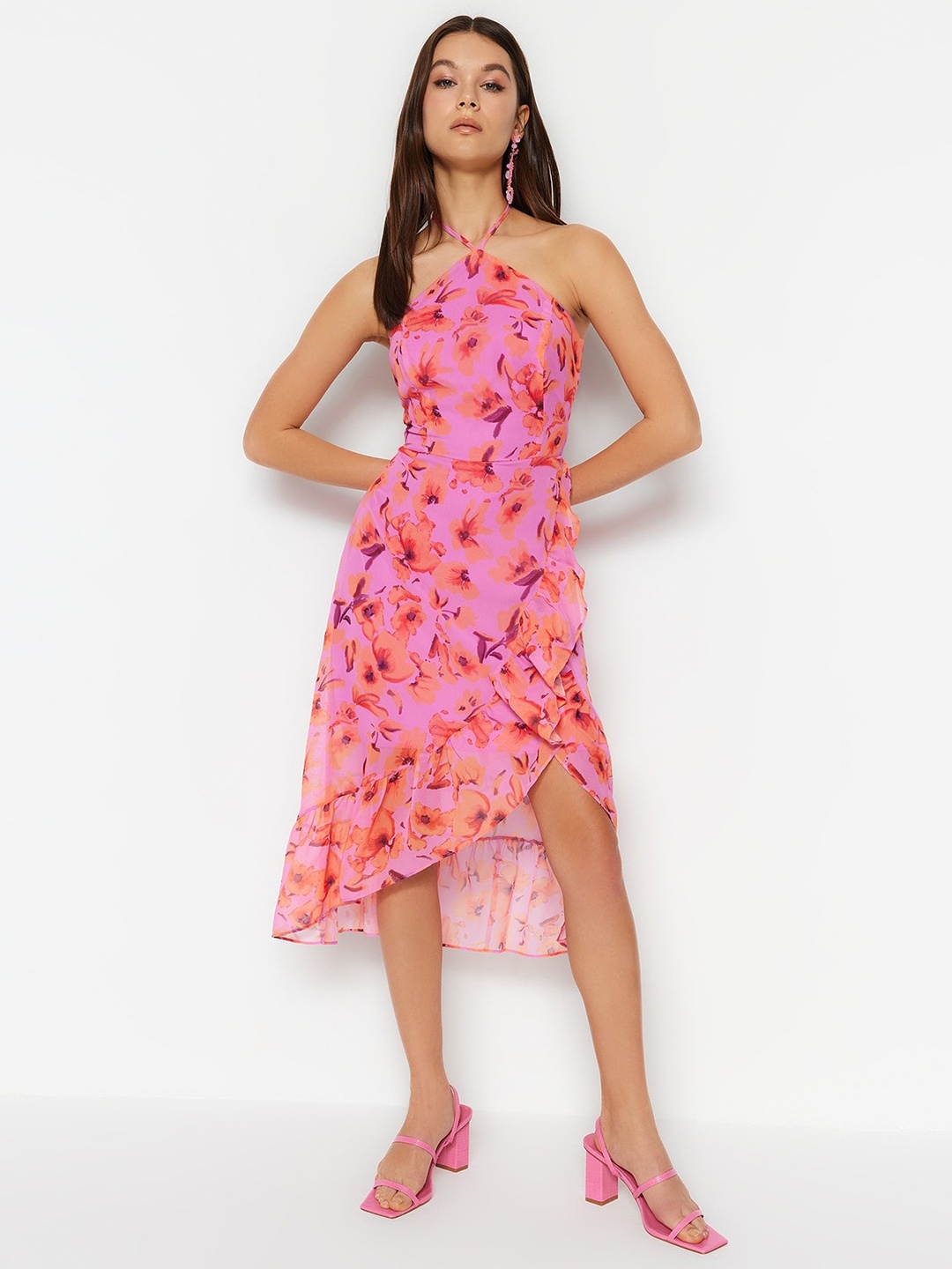 

Trendyol Floral Print Halter Neck Fit and Flare Midi Dress, Pink