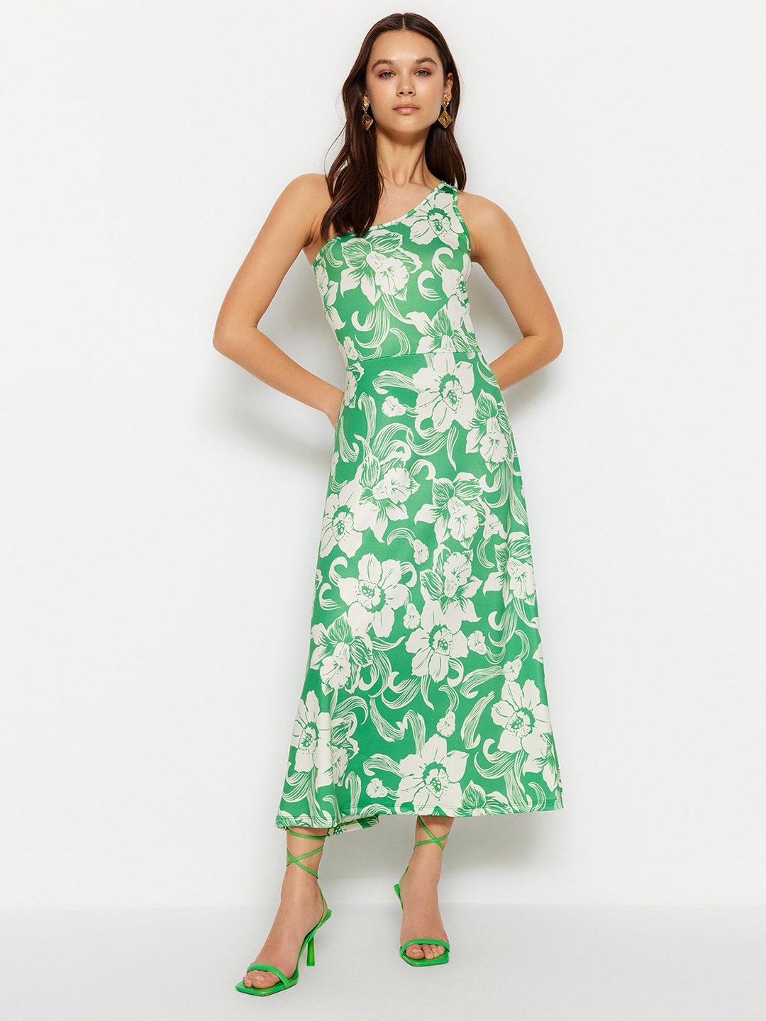 

Trendyol Floral Printed One Shoulder Fit & Flare Midi Dress, Green