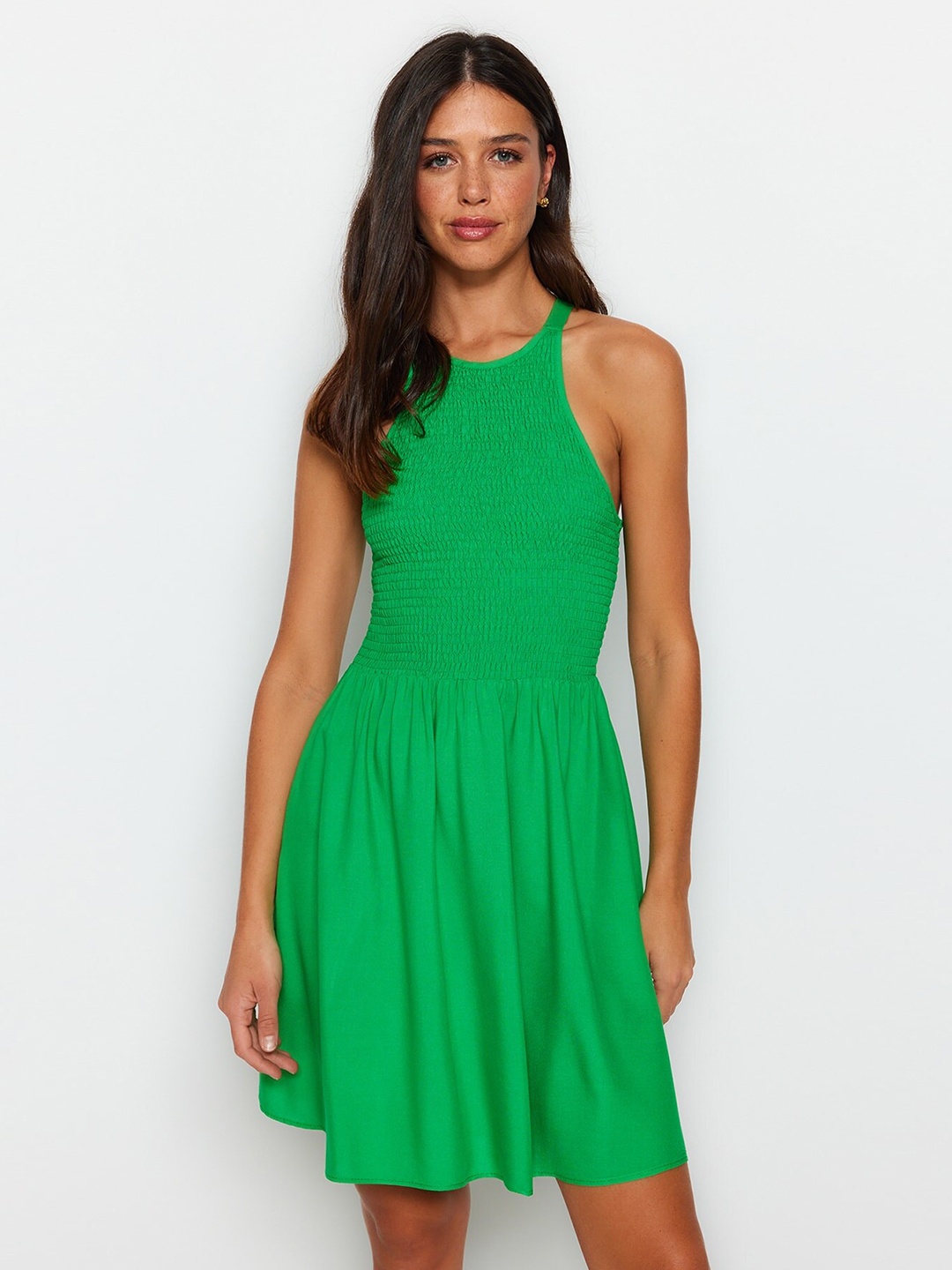 

Trendyol Sleeveless Smocked Fit & Flare Dress, Green