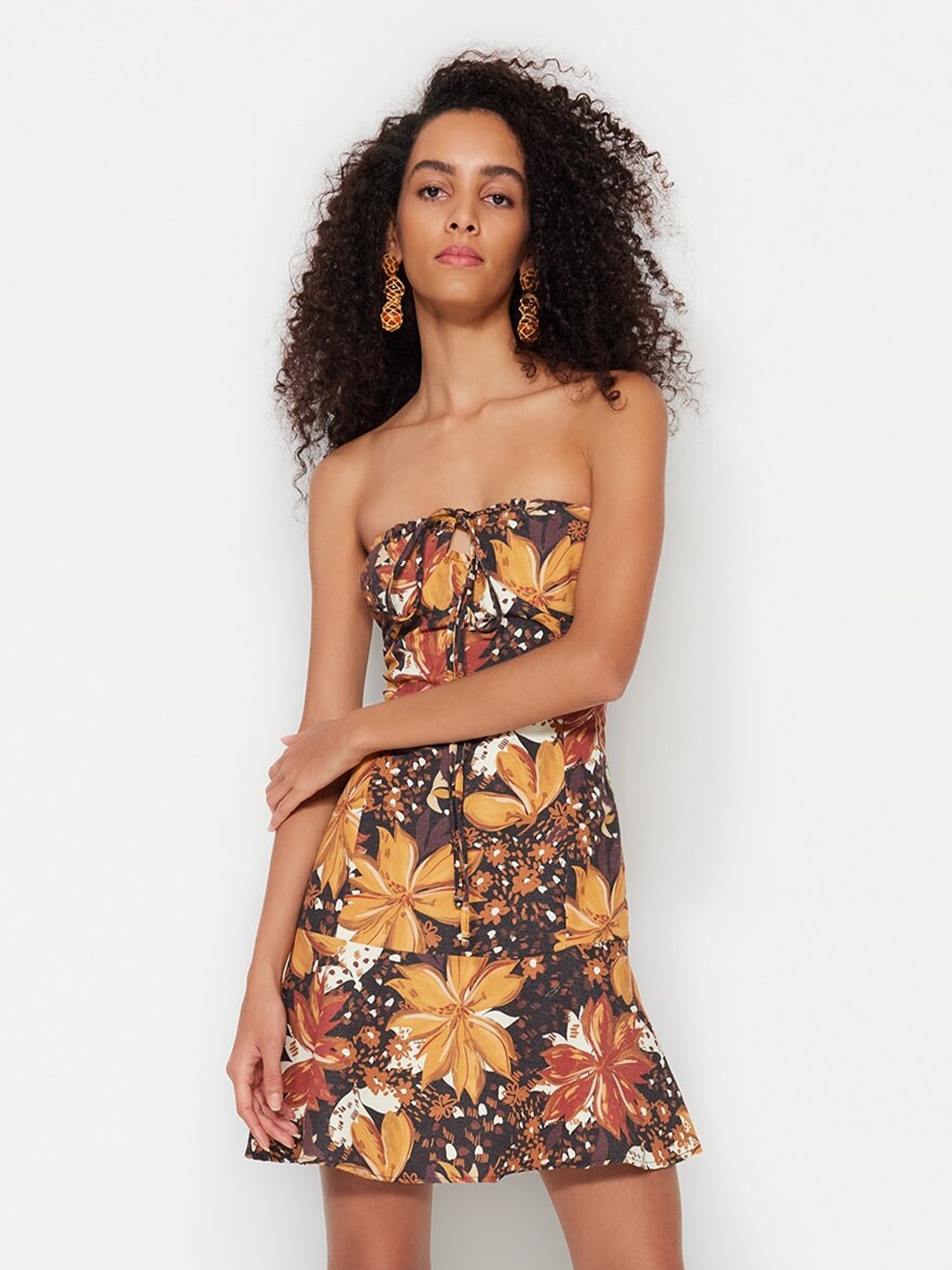 

Trendyol Floral Printed Strapless A-Line Dress, Brown