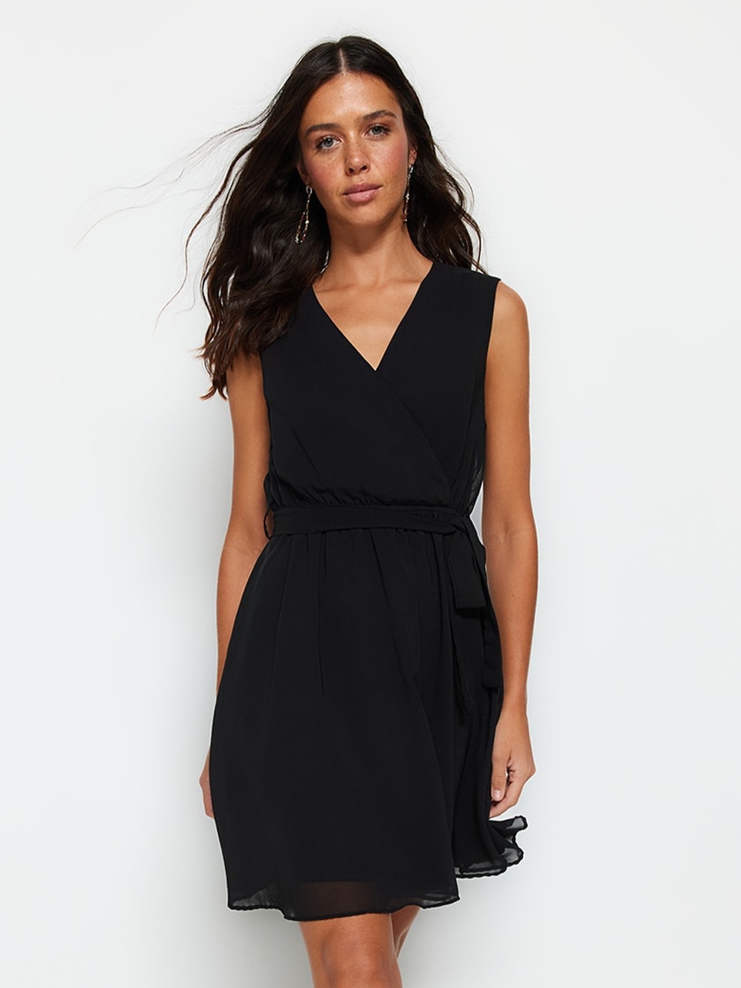 

Trendyol V-Neck Sleeveless Wrap Mini Dress, Black