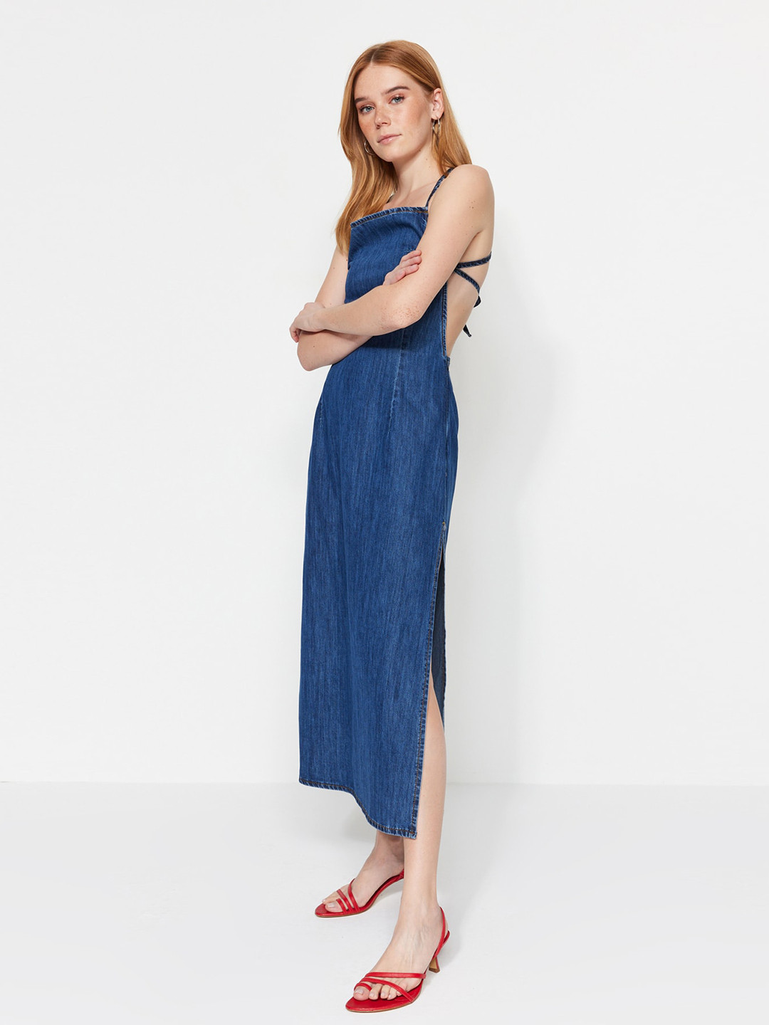 

Trendyol Shoulder Straps A-Line Pure Cotton Maxi Dress, Blue