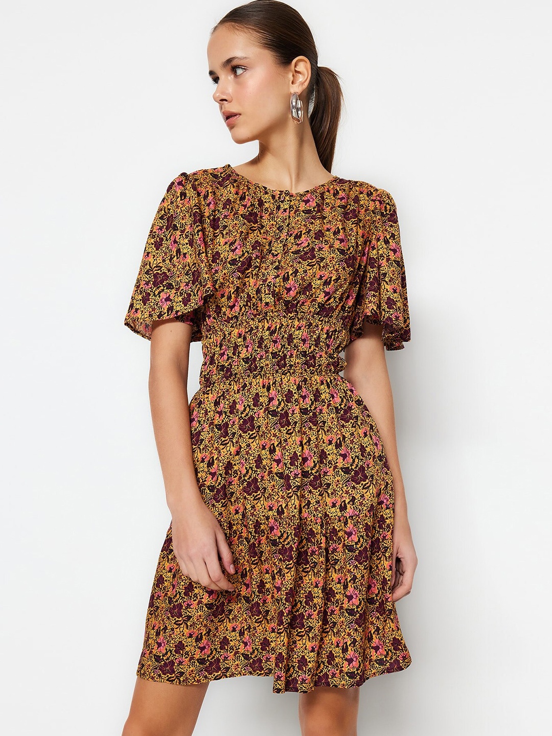 

Trendyol Floral Printed Smocking Detailed Flared Sleeve Fit & Flare Dress, Yellow