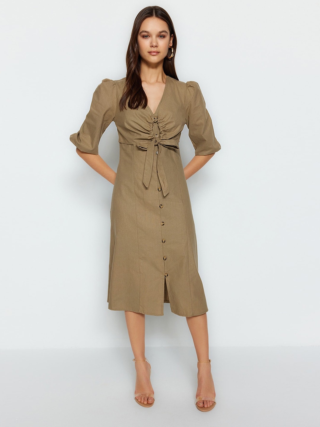 

Trendyol V-Neck Puff Sleeve Ruched Pure Cotton Shirt Midi Dress, Brown