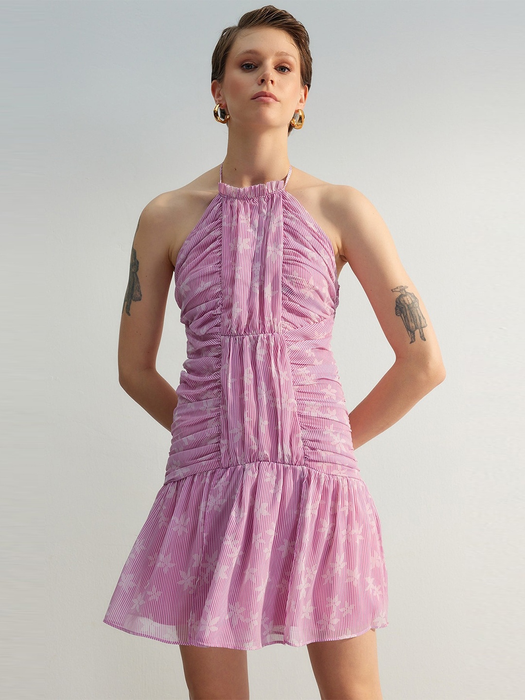 

Trendyol Halter Neck Ruched Striped Drop-Waist Dress, Pink