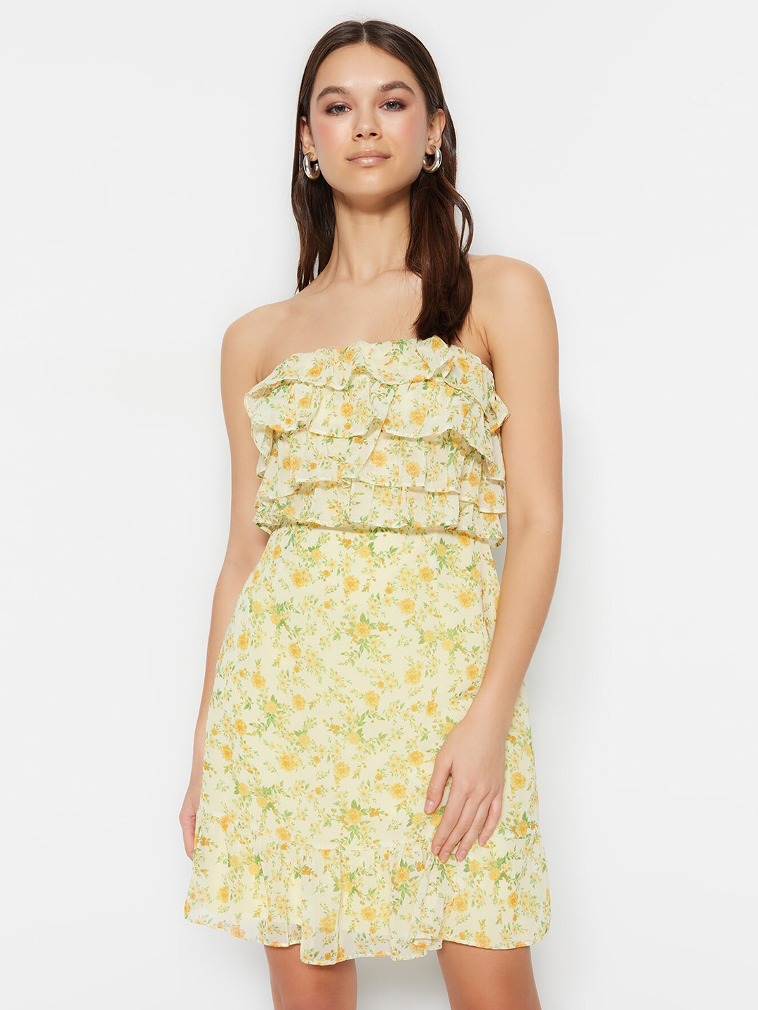 

Trendyol Floral Printed Strapless Ruffles A-Line Dress, Yellow