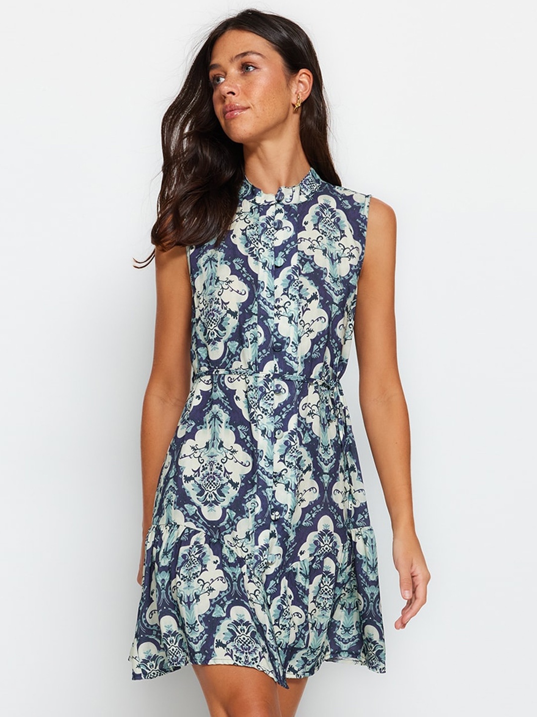 

Trendyol Ethnic Motifs Printed A-Line Dress, Navy blue