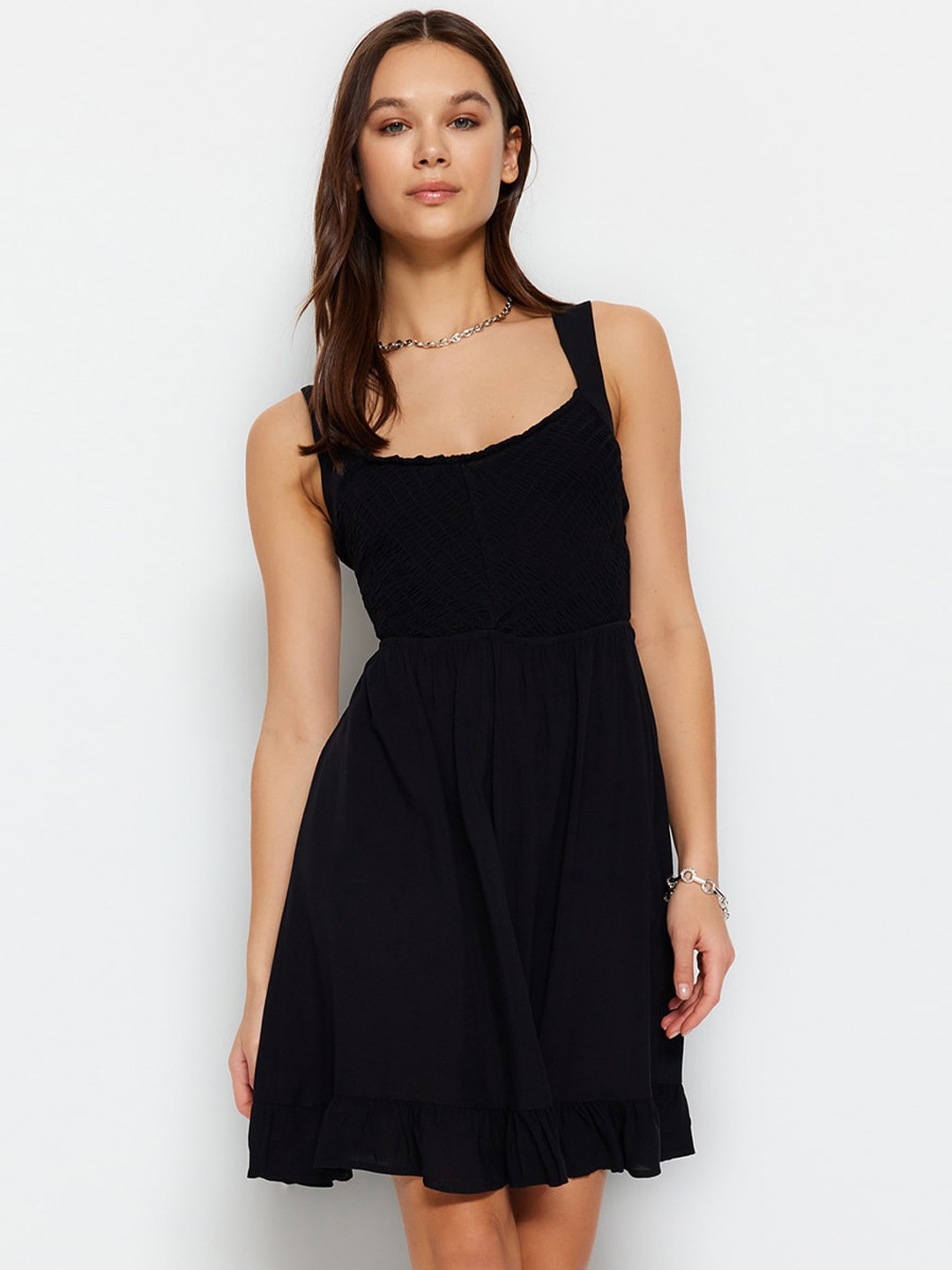 

Trendyol Round Neck Tie-Up Back Fit & Flare Dress, Black