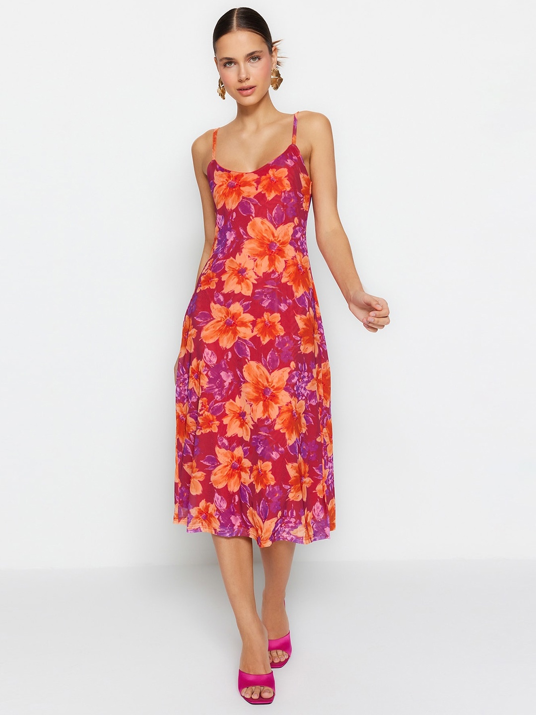 

Trendyol Floral Printed A-Line Midi Dress, Pink