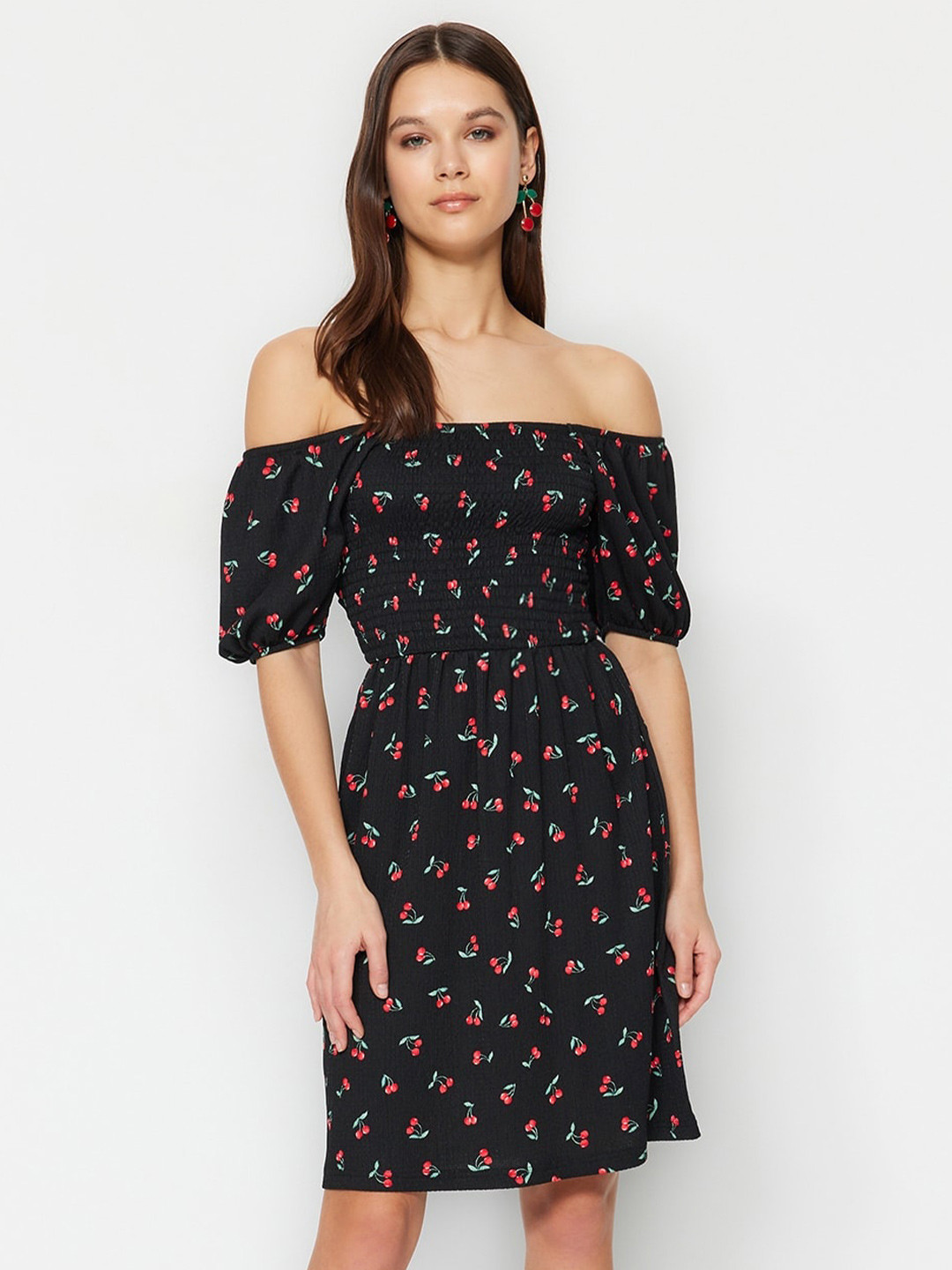

Trendyol Conversational Printed Off-Shoulder Fit & Flare Dress, Black
