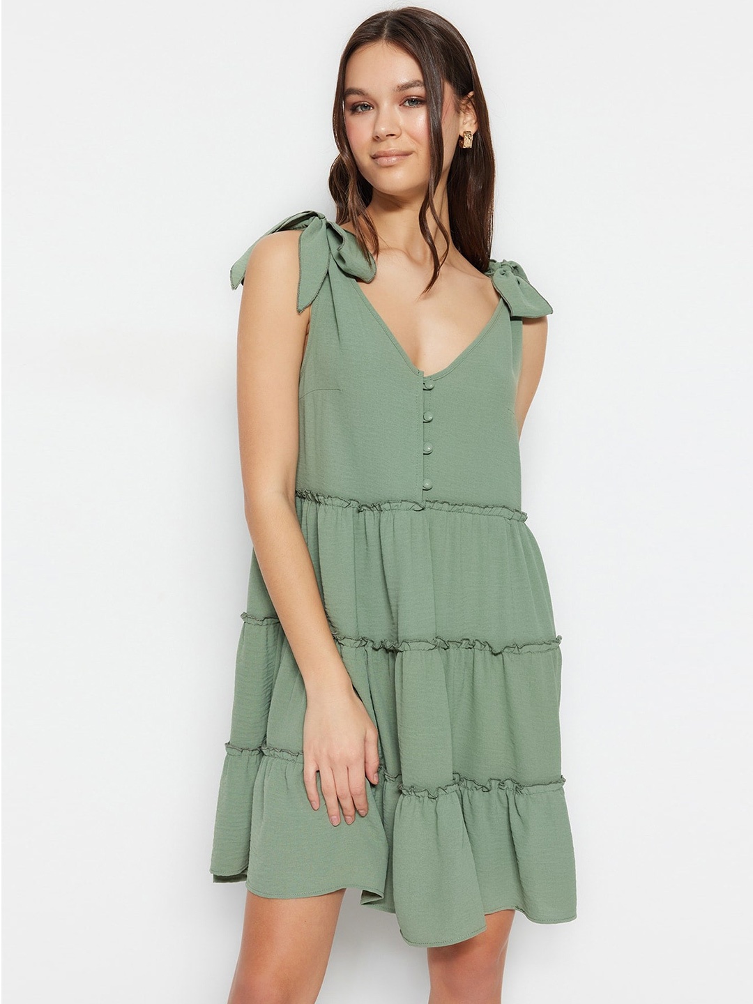 

Trendyol V-Neck Fit & Flare Tiered Dress, Olive