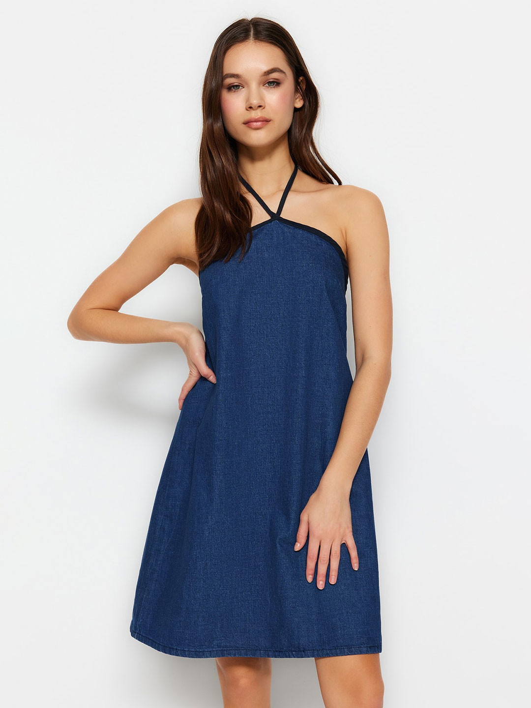 

Trendyol Halter Neck Cotton A-Line Dress, Blue