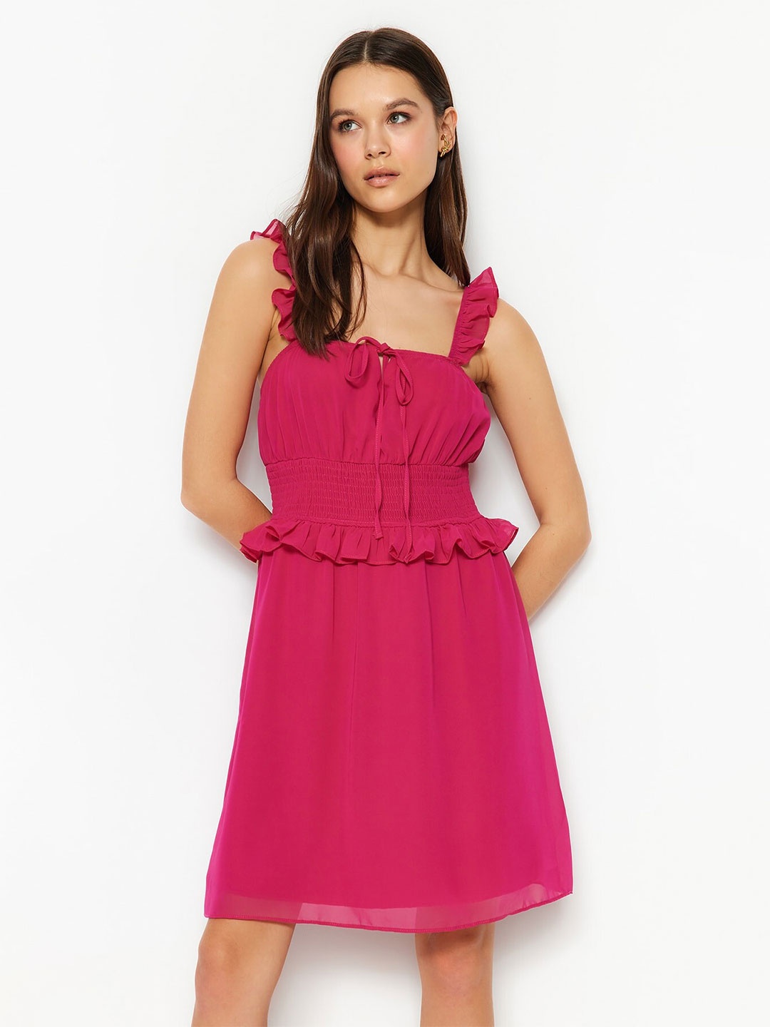

Trendyol Square Neck Shoulder Straps Fit & Flare Dress, Pink