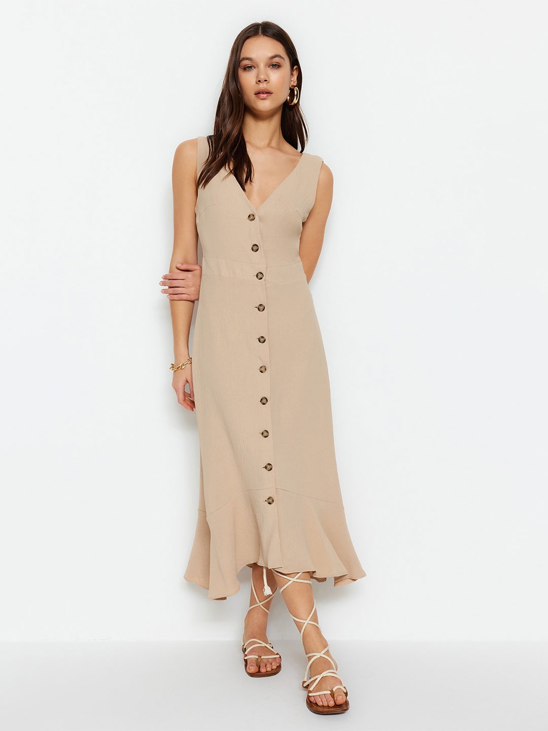 

Trendyol V-Neck Flounce A-Line Midi Dress, Beige
