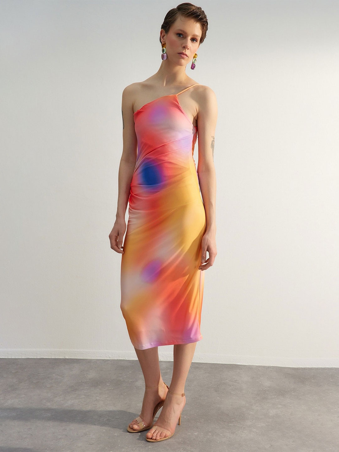 

Trendyol Tie and Dye One-Shoulder Sheath Midi Dress, Peach