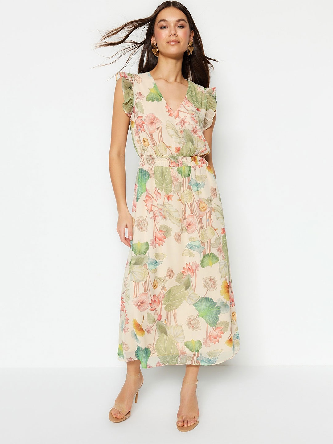 

Trendyol Floral Printed Flutter Sleeve Fit & Flare Dress, Beige