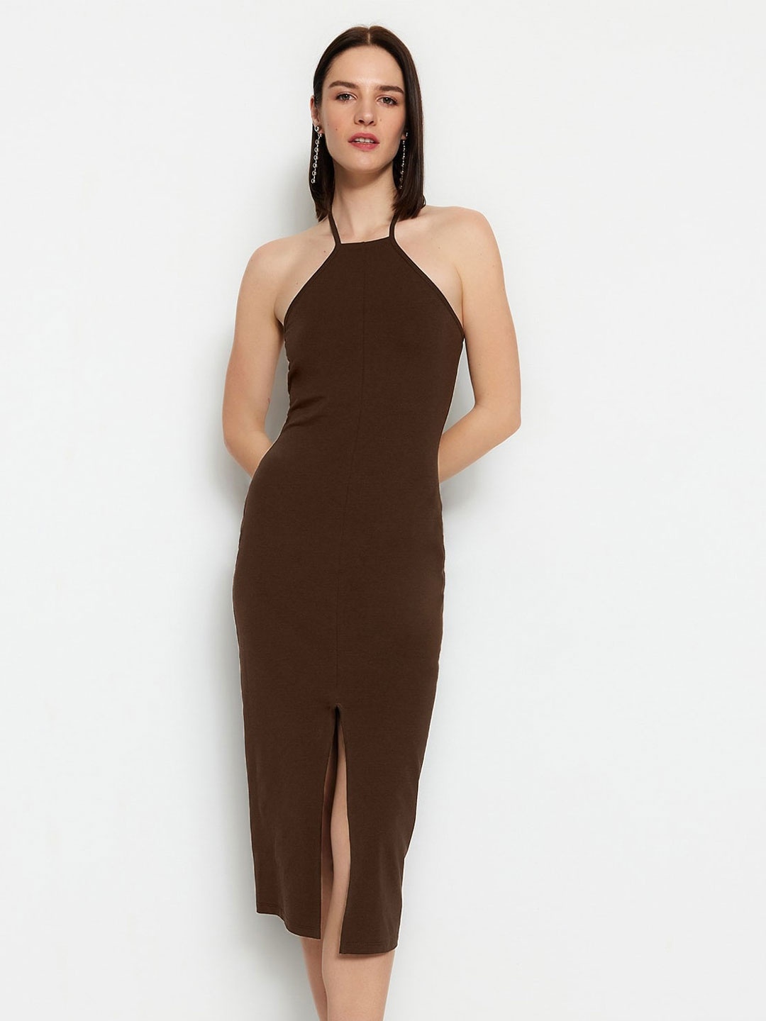 

Trendyol Halter Neck Bodycon Midi Dress, Brown