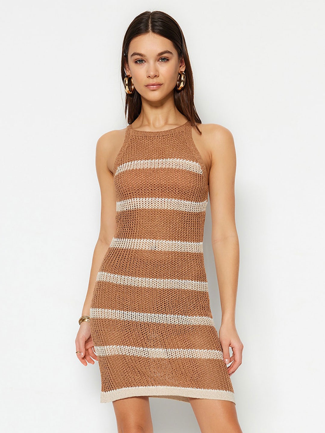 

Trendyol Striped A-Line Midi Dress, Brown
