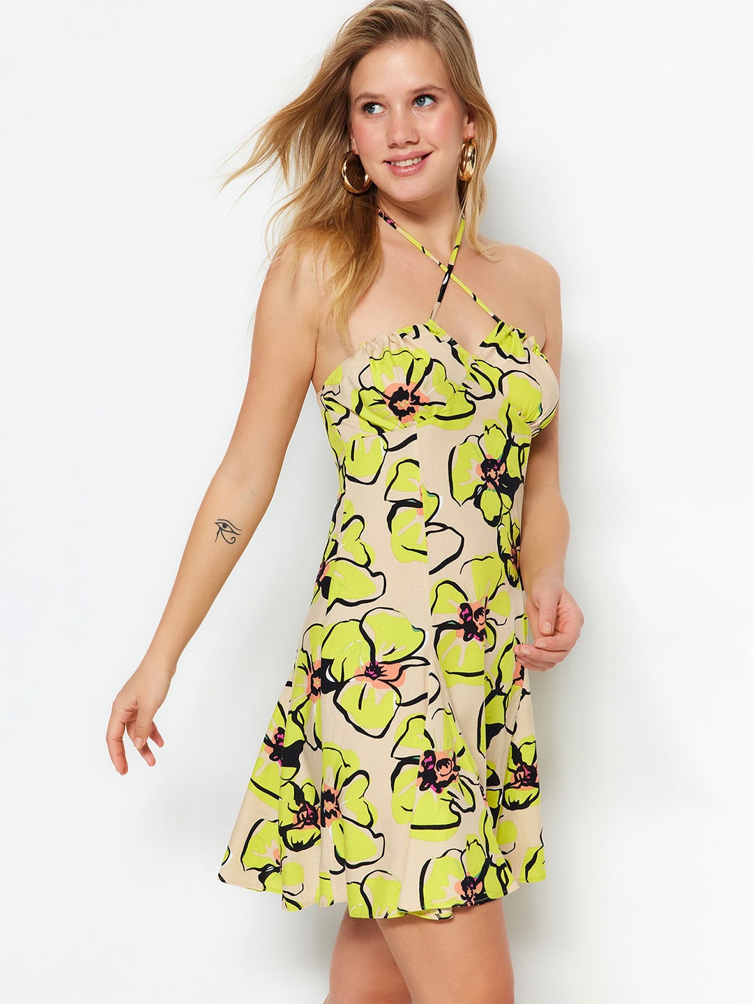 

Trendyol Floral Printed Halter Neck A-Line Mini Dress, Yellow