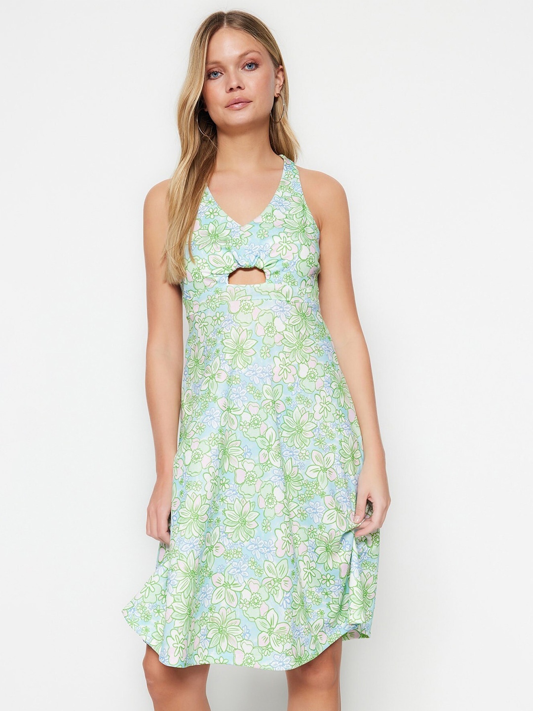 

Trendyol Floral Print Halter Neck Cut-Out Fit & Flare Dress, Green