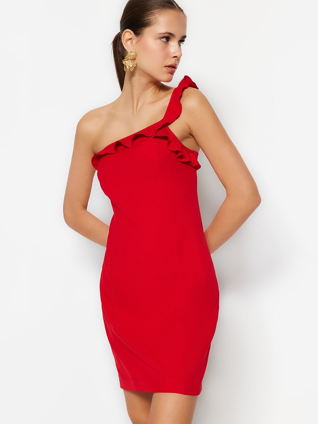 

Trendyol One-Shoulder Ruffled Bodycon Dress, Red