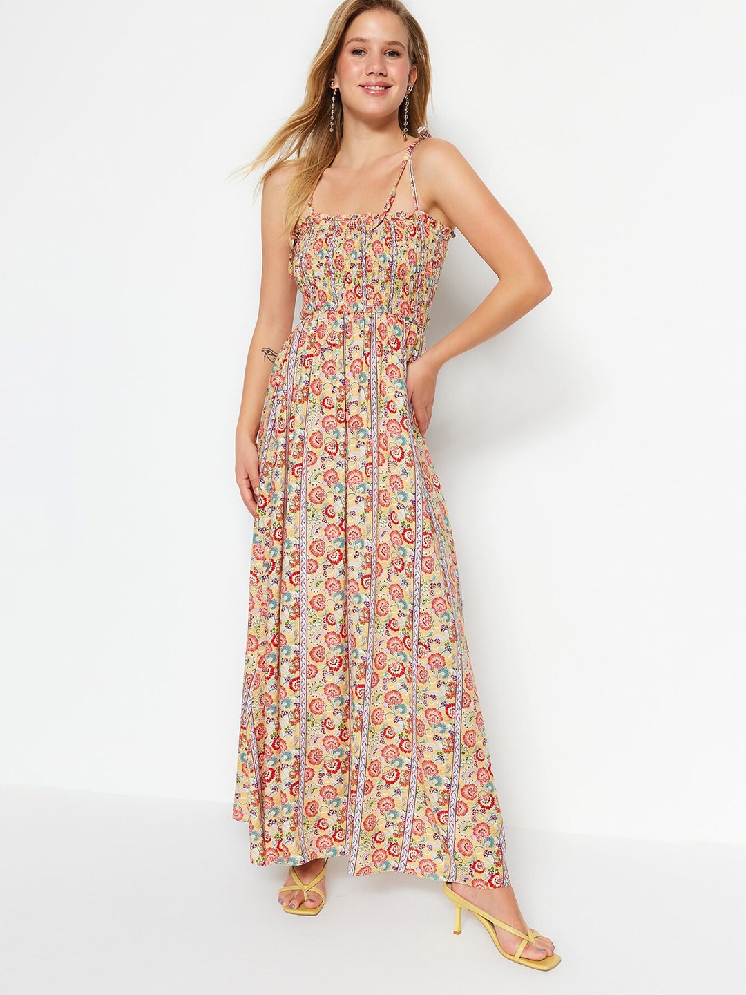 

Trendyol Floral Printed Shoulder Straps Maxi Fit & Flare Dress, Yellow