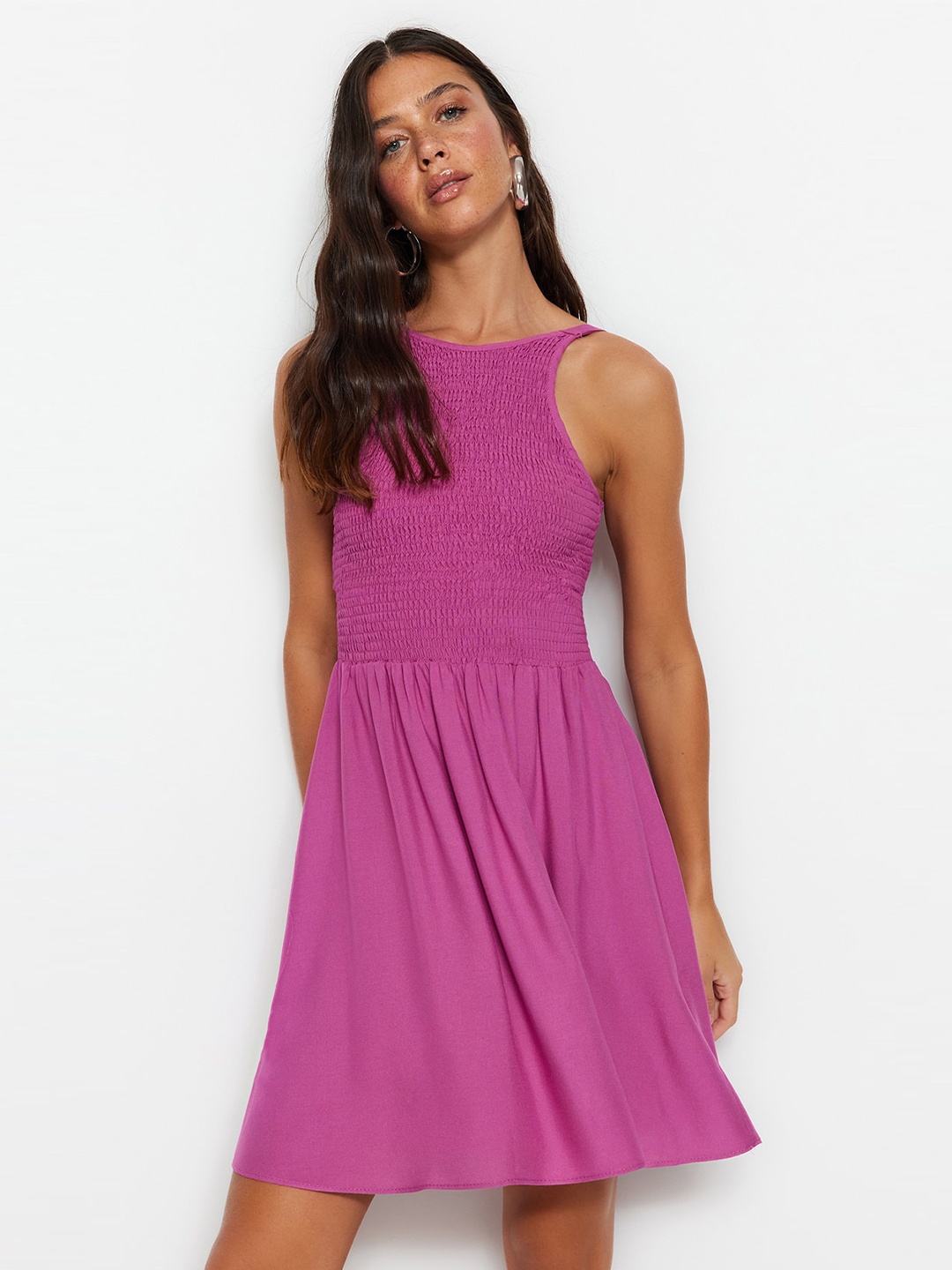 

Trendyol Smocked Tie-Up Detail Boat Neck Fit & Flare Dress, Violet