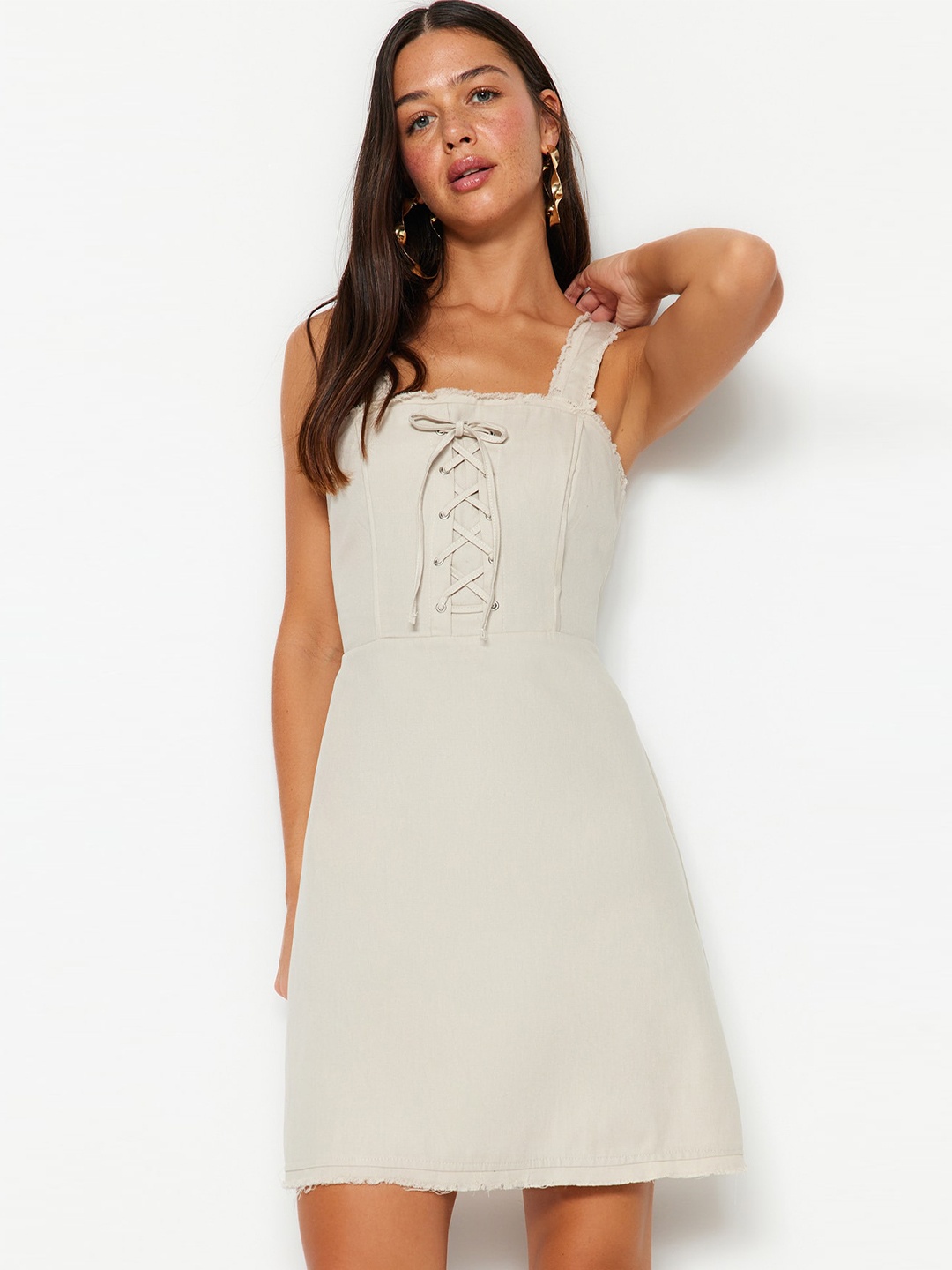 

Trendyol Shoulder Straps Pure Cotton Fit & Flare Dress, Beige