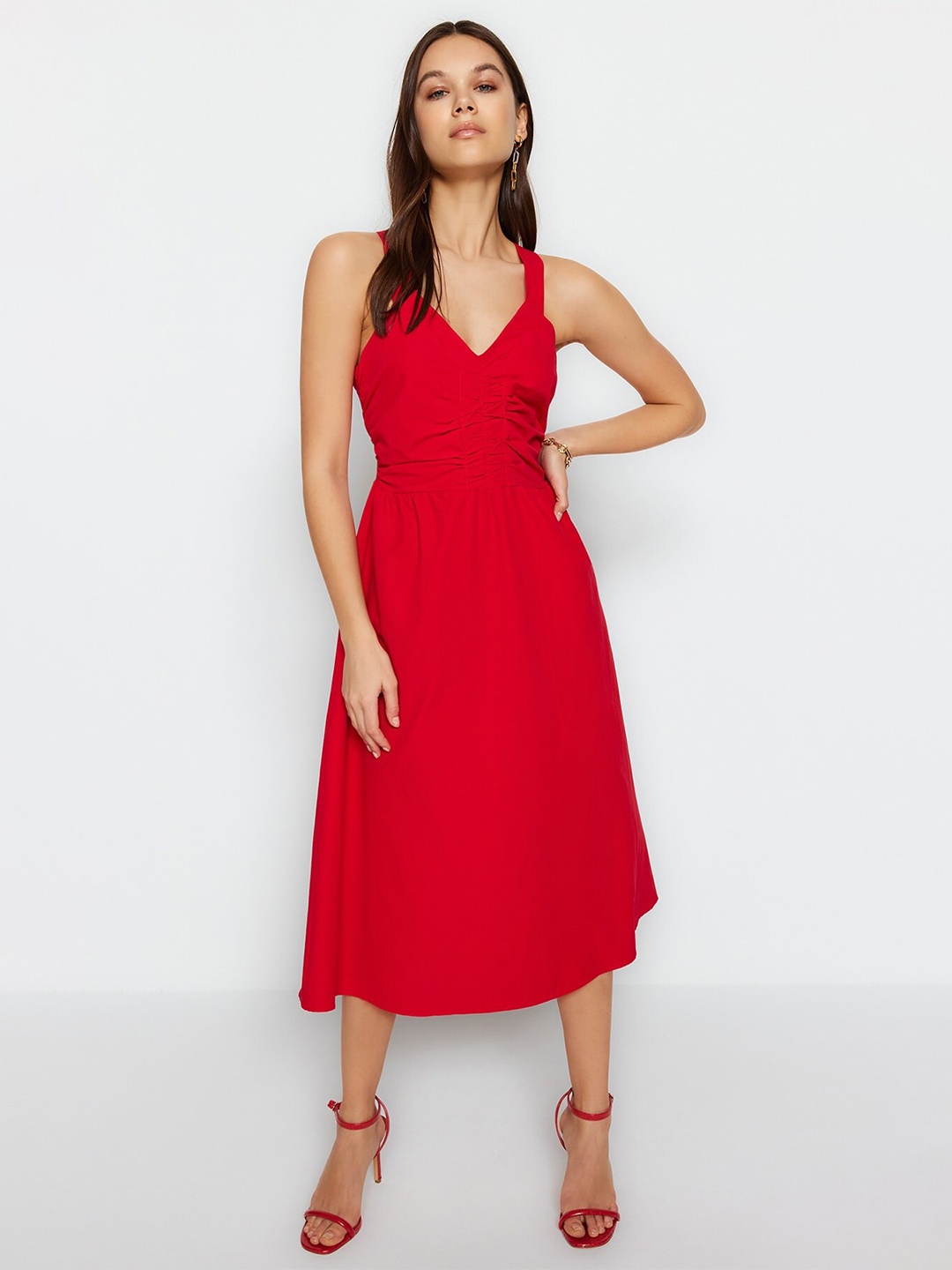 

Trendyol Ruched Fit & Flare Midi Dress, Red