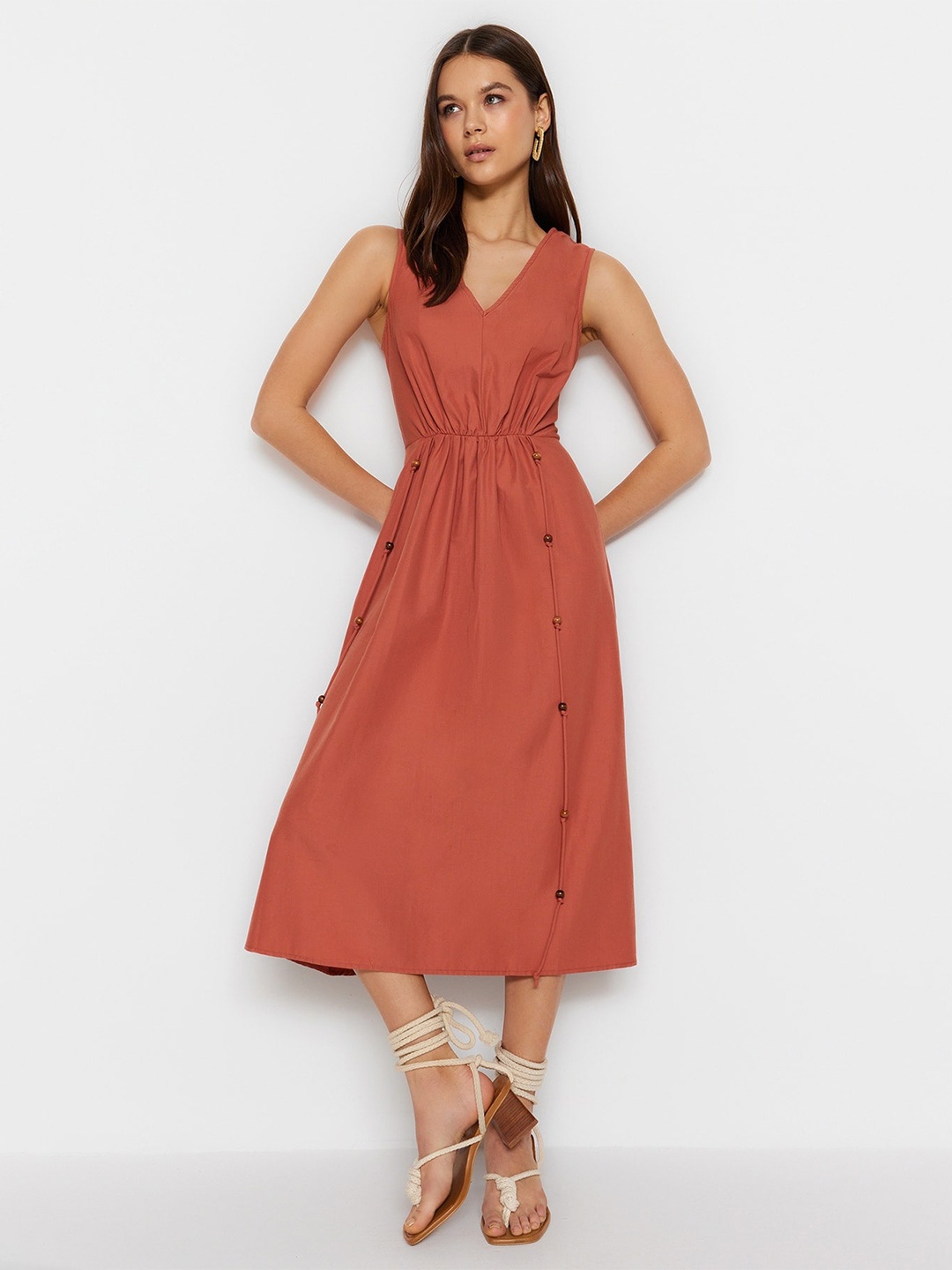 

Trendyol V-Neck Sleeveless Fit & Flare Midi Dress, Rust
