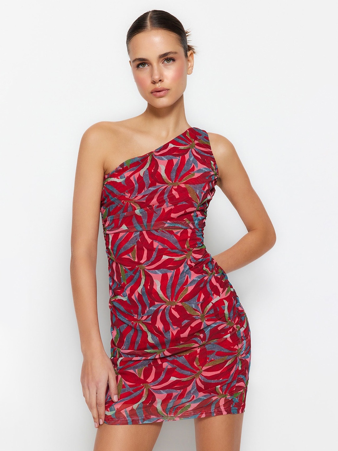 

Trendyol One Shoulder Floral Print Bodycon Mini Dress, Burgundy