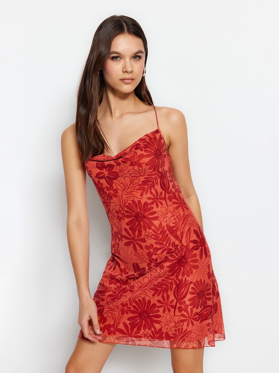 

Trendyol Floral Printed Shoulder Strap Sheath Dress, Red