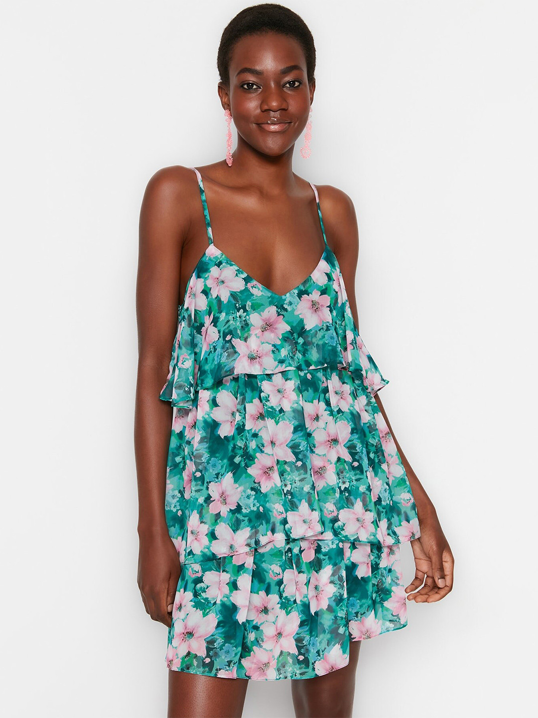 

Trendyol Floral Printed Shoulder Straps Fit & Flare Dress, Green