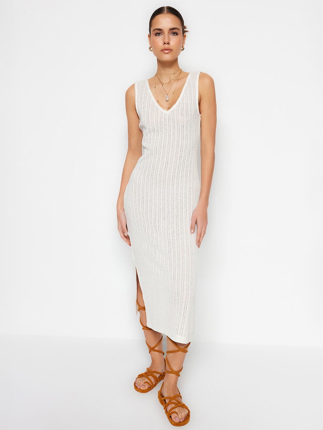 

Trendyol V-Neck Self Design Midi Sheath Dress, Off white