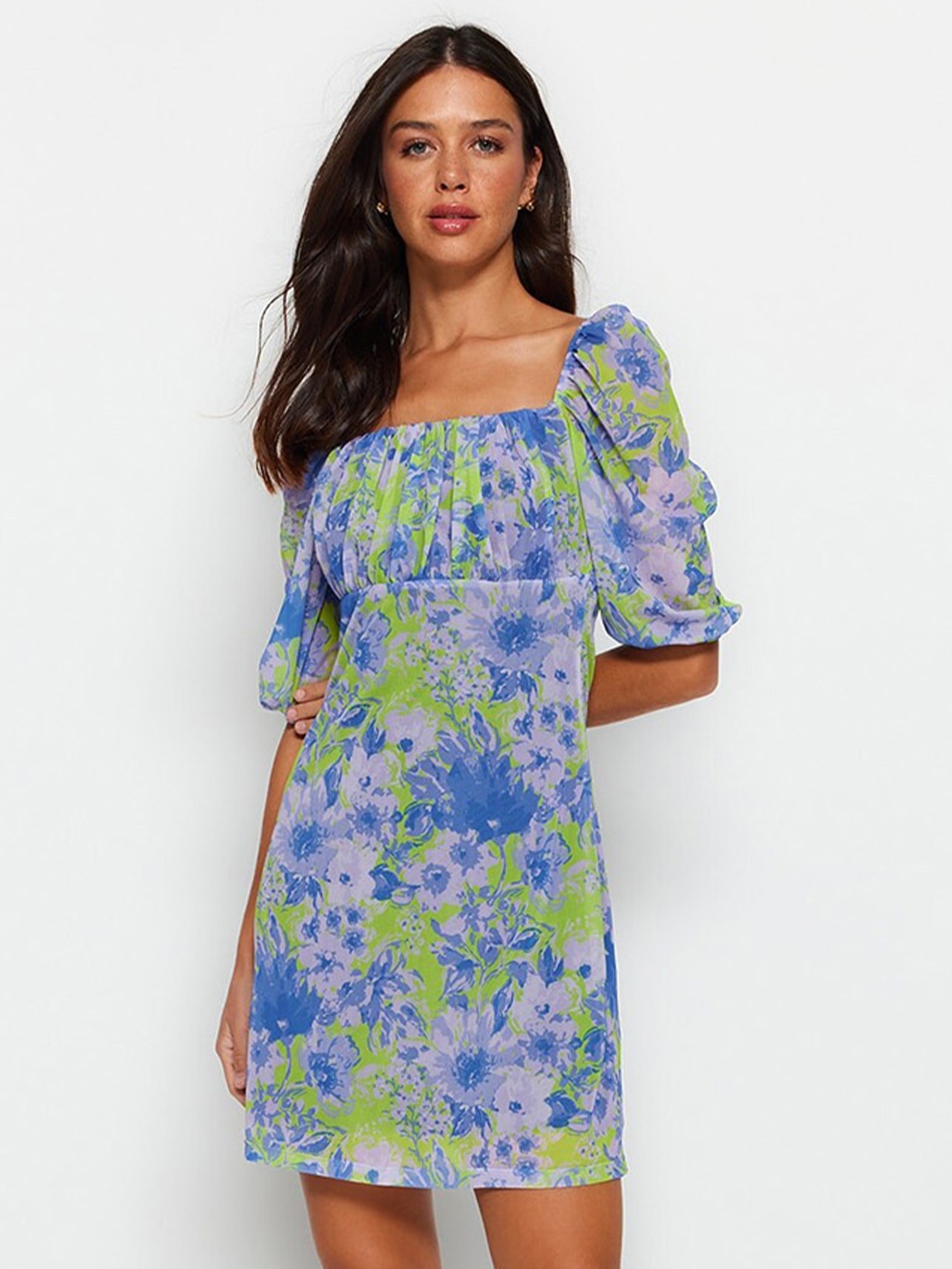 

Trendyol Floral Printed Puff Sleeve A-Line Dress, Blue