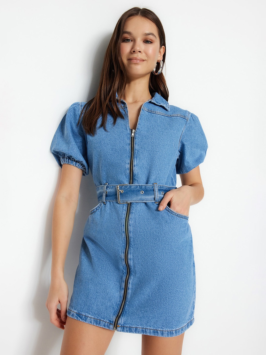 

Trendyol Puff Sleeves Cotton Shirt Mini Dress, Blue