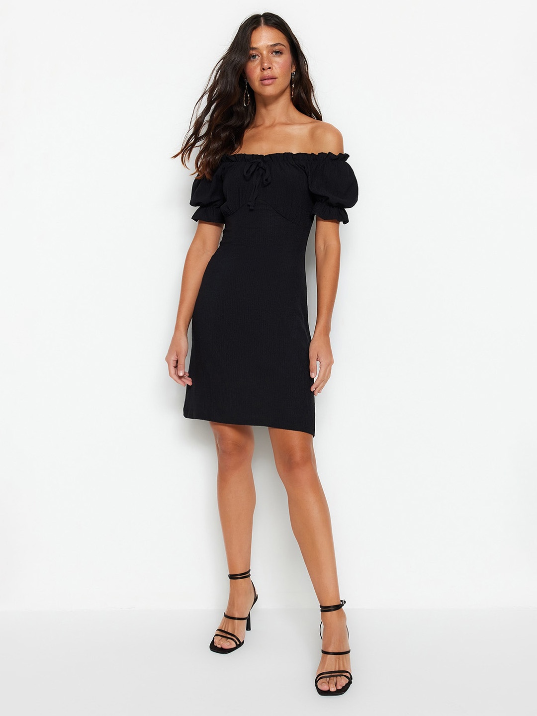 

Trendyol Off-Shoulder Puff Sleeves Sheath Dress, Black