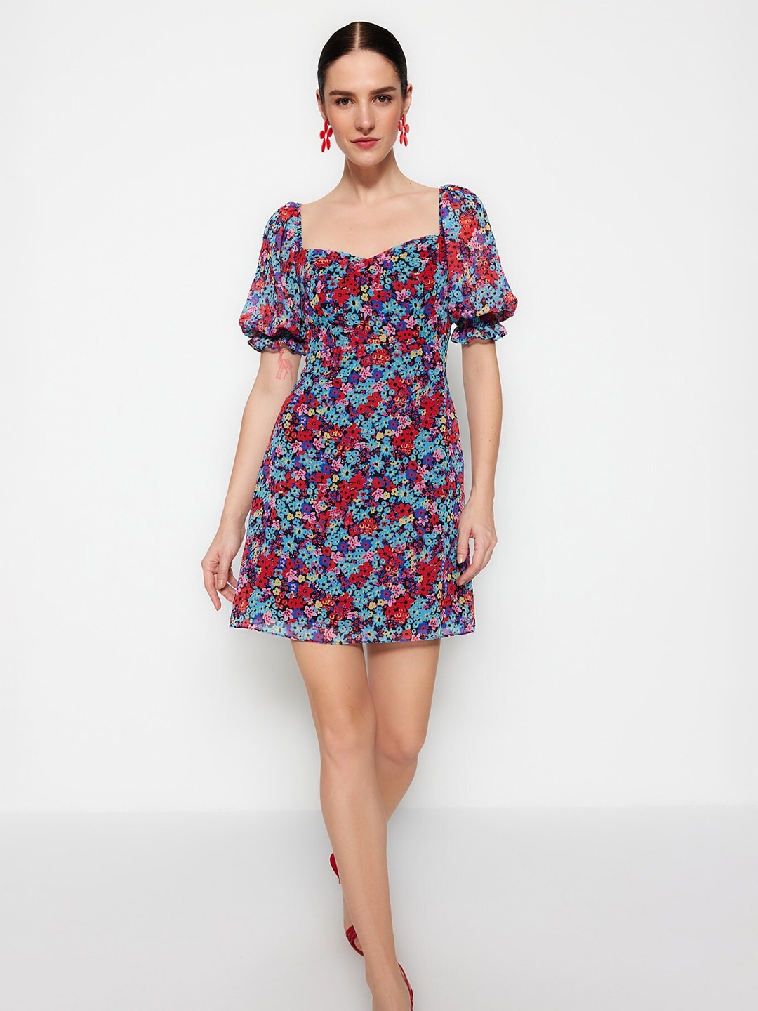 

Trendyol Floral Print Puff Sleeve Fit & Flare Mini Dress, Blue