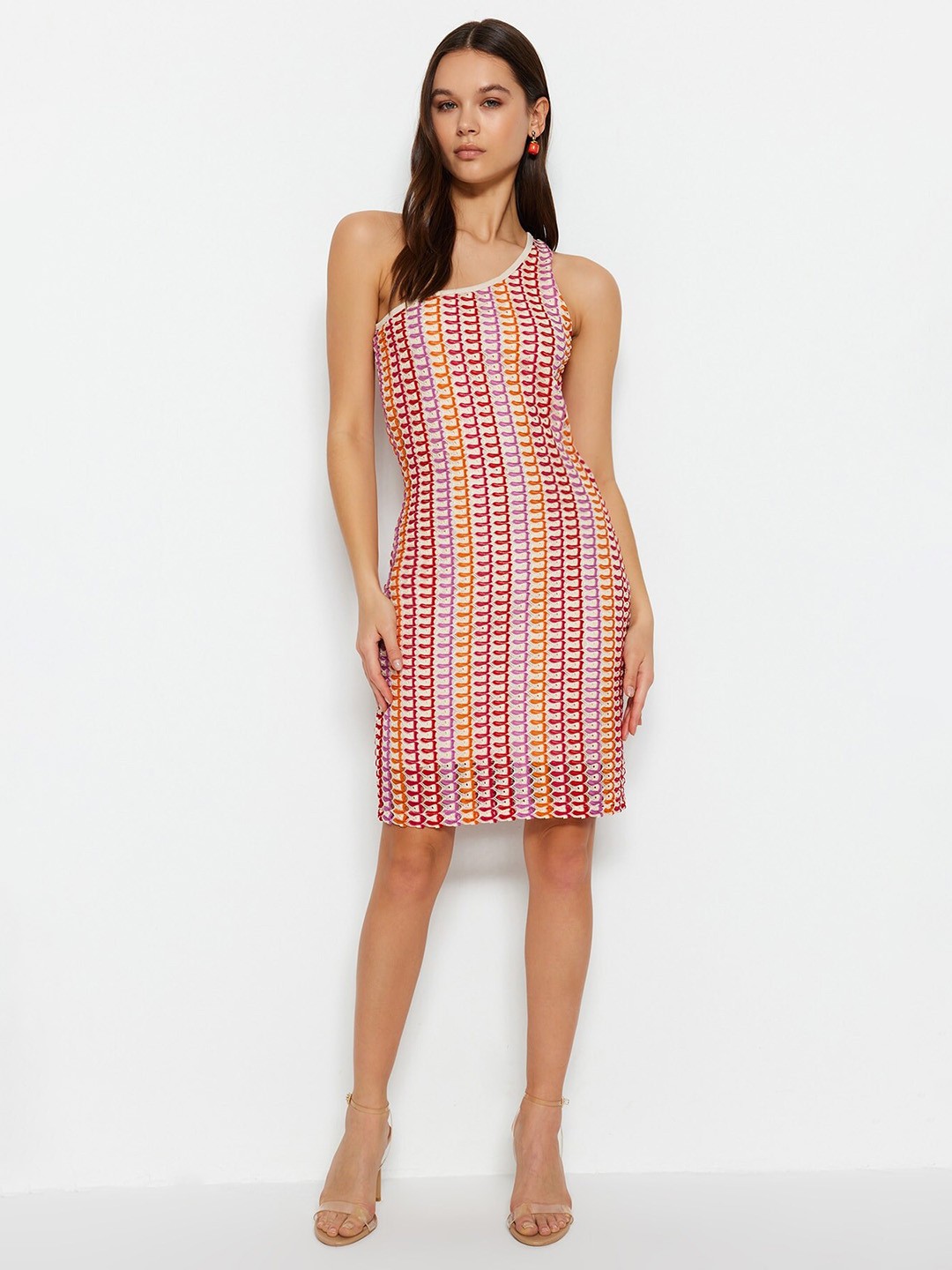 

Trendyol One Shoulder Self-Design Bodycon Dress, Pink