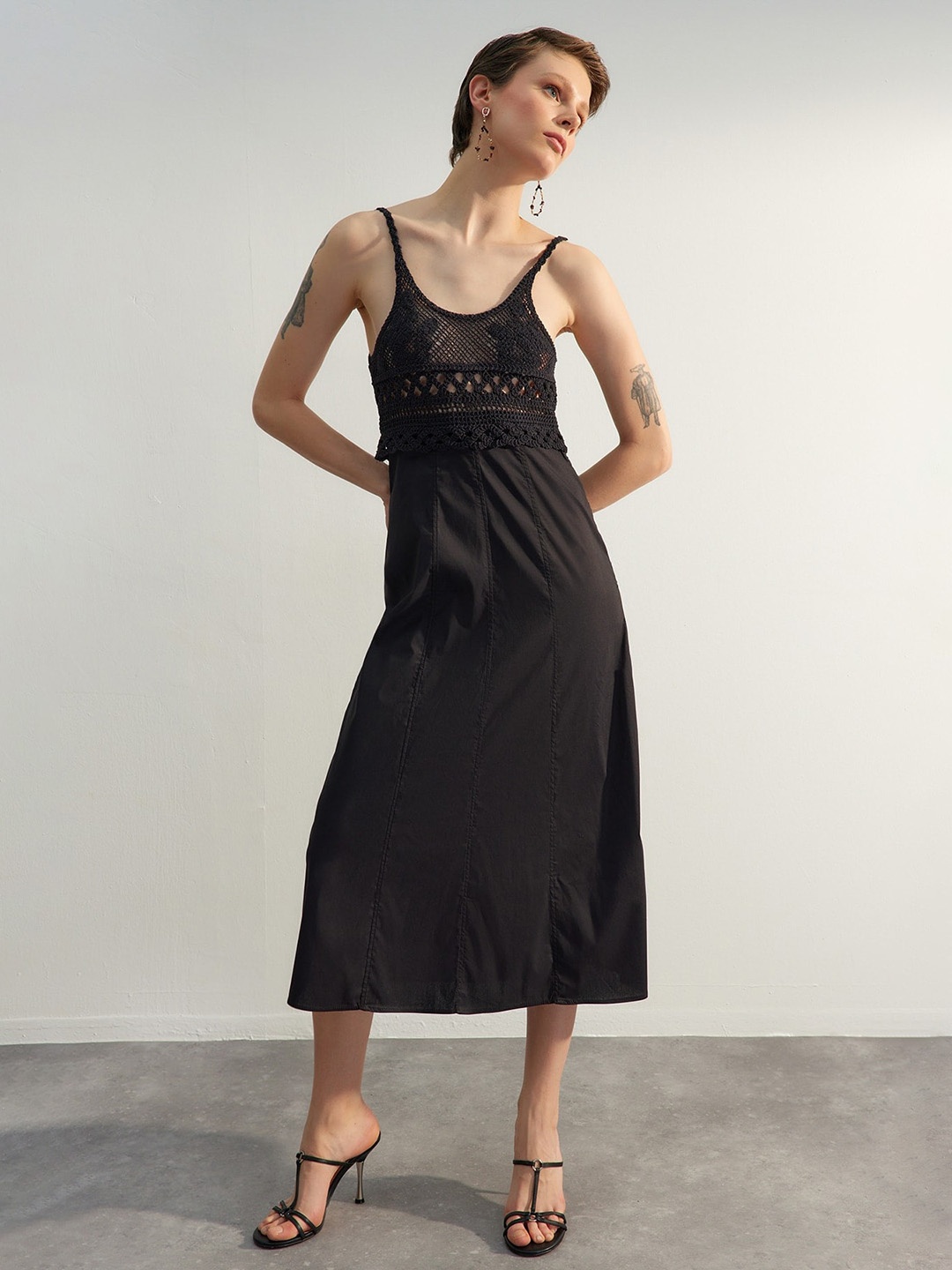 

Trendyol Shoulder Straps Pure Cotton Midi A-Line Dress, Black