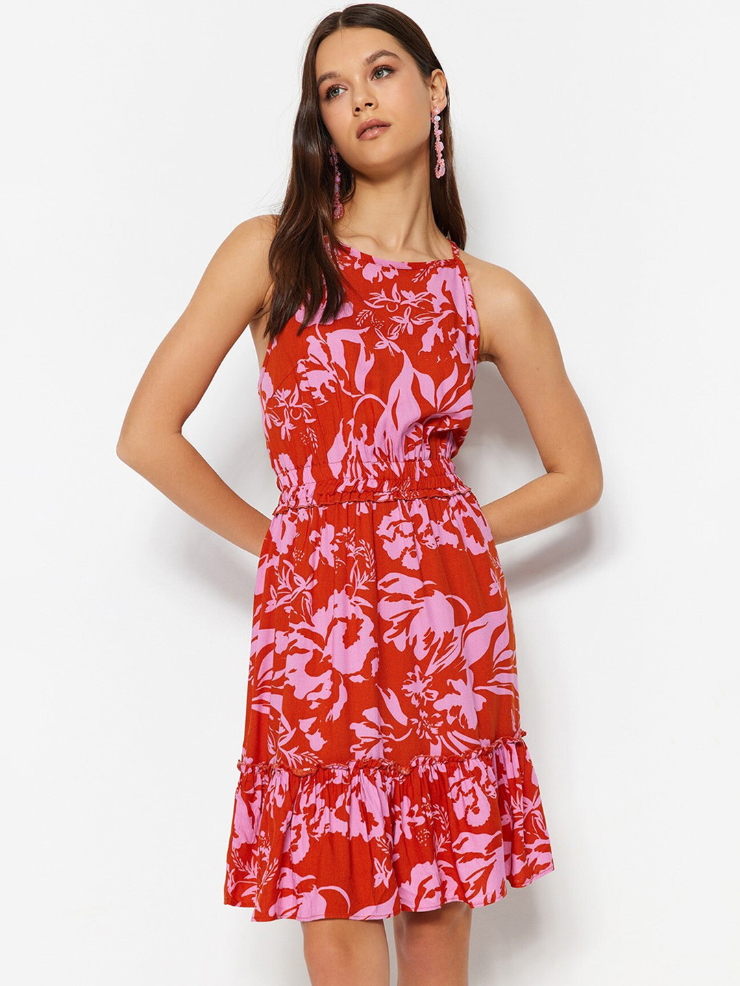 

Trendyol Floral Print Halter Neck Fit & Flare Dress, Red