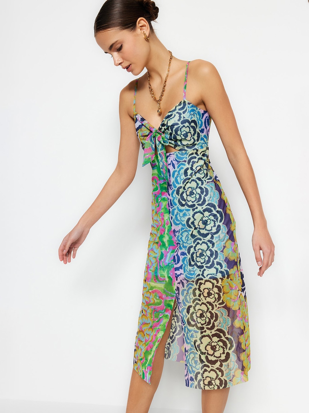 

Trendyol Floral Printed Shoulder Straps A-Line Midi Dress, Blue