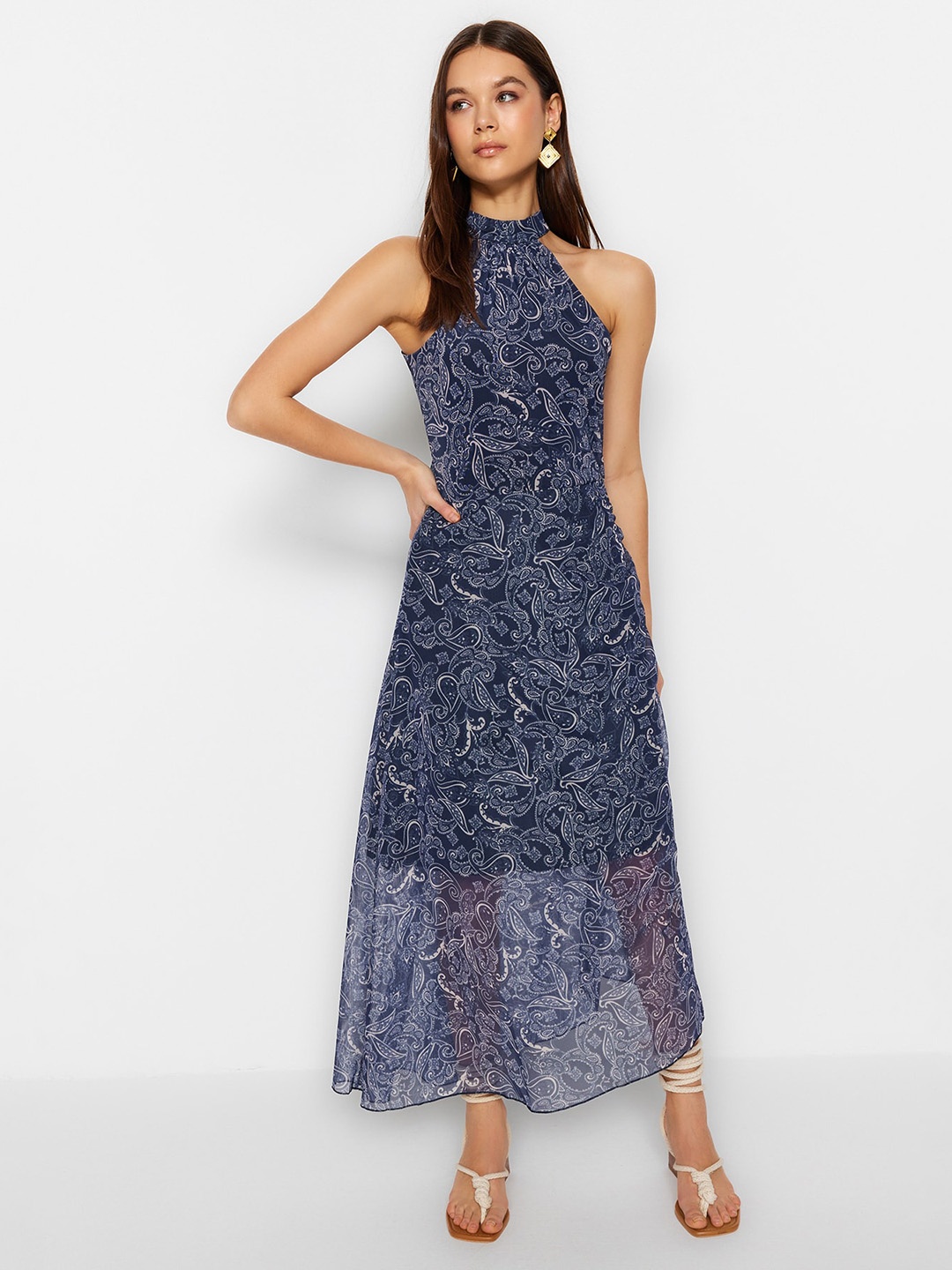 

Trendyol Ethnic Motifs Printed Mock Neck Maxi A-Line Dress, Blue